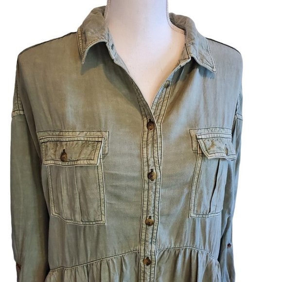 Anthropologie Pilcro Deanne Tiered Shirtdress Green Linen Long Sleeve Sz Sm - Picture 4 of 11
